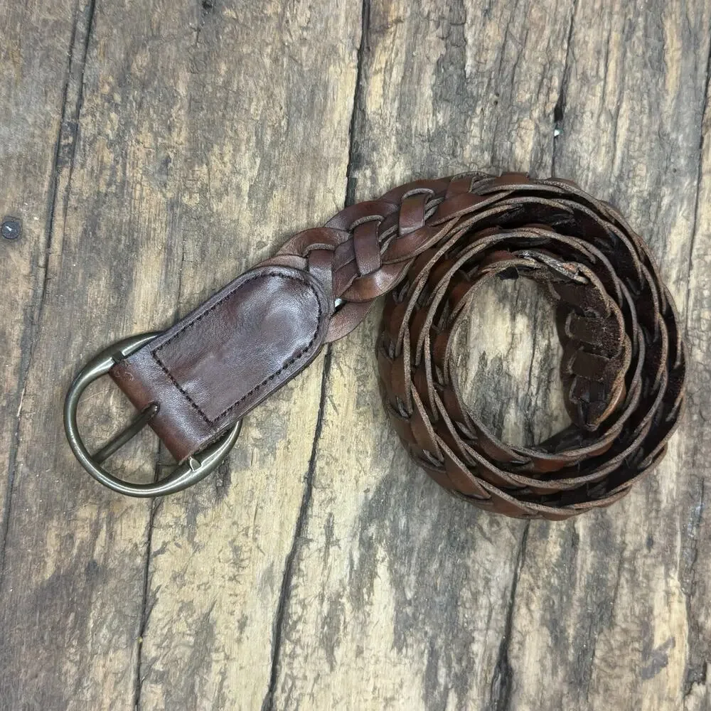Gap Y2K Wide Braided Leather Belt Brown 3 Inch 46 Inch Adjustable No Holes